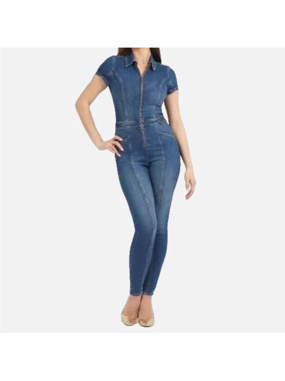 New Guess Blue Denim Short Sleeve Jumpsuit Overalls SZ S